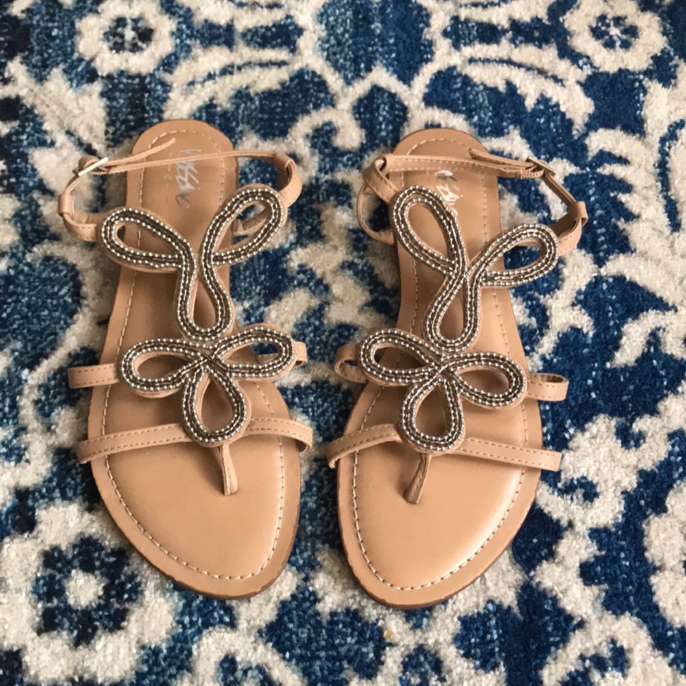 Tan embellished flat sandals, size 7